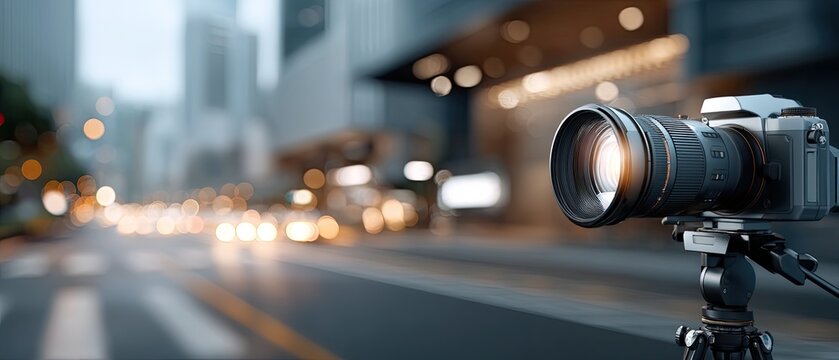 Camera displays a view of a vibrant city skyline at night, highlighting shimmering lights with a softly blurred background