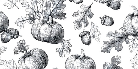 Hand-drawn Thanksgiving pattern, pumpkins, oak leaves, acorns, seamless vintage style