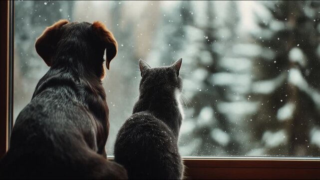 Dog and cat sit side by side watching the snowfall through a window, capturing a serene winter scene. Cozy home highlights the bond and friendship between pets. Video made using Generative AI.