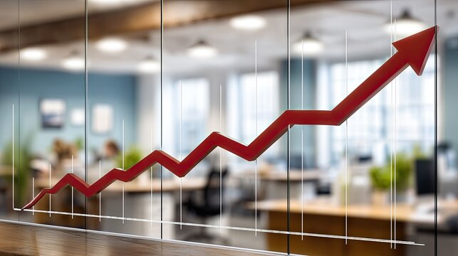 A red line graph shows an upward sales trend on a transparent panel in a busy office filled with workers - Powered by Adobe