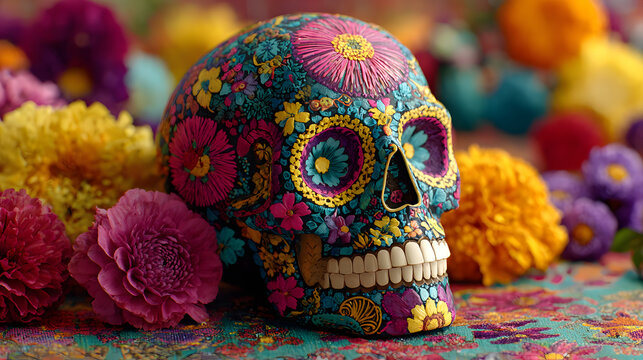 Celebrating Day of the Dead with a colorful sugar skull adorned with vibrant flowers