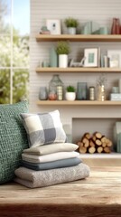 Fototapeta premium Soft pillows and blankets rest on a wooden table in a warm living space, creating a welcoming and relaxing atmosphere near a fireplace