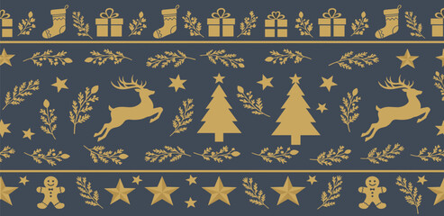 Festive Christmas Pattern with Reindeer, Pine Trees, Stars, and Stockings on Navy Blue Background
