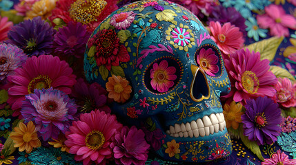 Celebrating Day of the Dead with a colorful sugar skull adorned with vibrant flowers