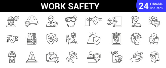 Work safety web line icon set. Editable outline workplace, security, hazard, risk management, hazard, helmet. Industrial protection related icons. Vector illustration