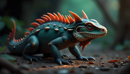 Fototapeta premium Fantasy Blue and Orange Iguana Creature with Detailed Scales and Spikes Digital Art