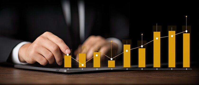 A hand interacts with a laptop displaying a graphic representing growth, illustrating advancements in data analysis and technology