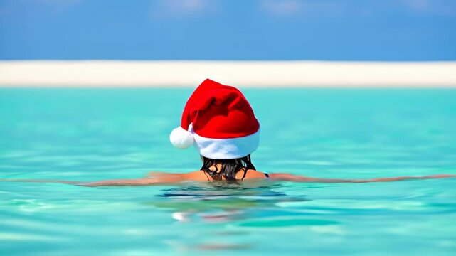 Festive swimming: woman in santa hat embraces tropical ocean escape