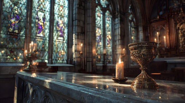 A church altar bathed in gentle light, with a glowing monstrance, candle, and chalice, complemented by the beauty of stained glass windows.