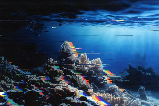 Glitchy underwater coral landscape with vibrant lights and glitch effects