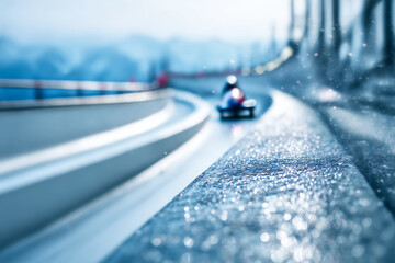 Bobsleigh athlete racing on icy curved track with glittering reflections, dynamic winter sport mockup or competition background template