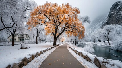 Winter wonderland park path with vibrant orange trees