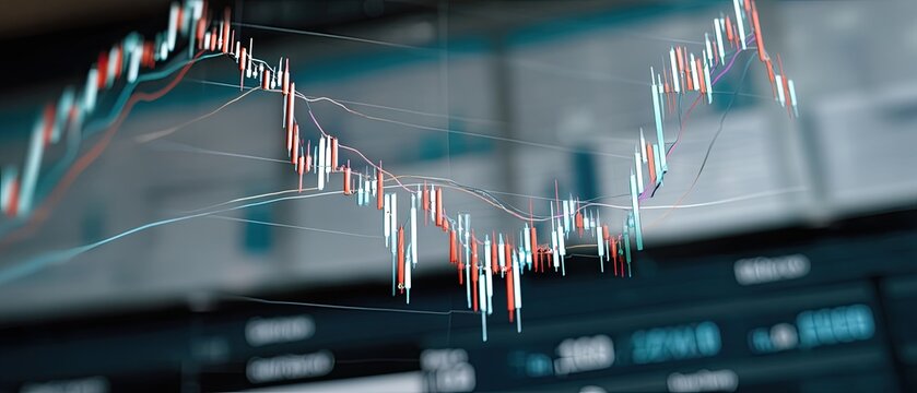 Dynamic display of financial market data highlighting price movements and trends through colorful candlestick charts and lines