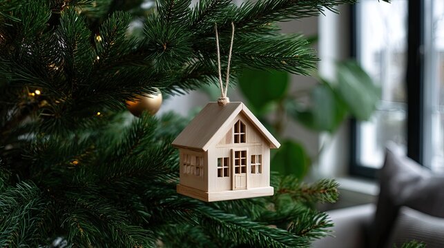 A handcrafted wooden house ornament dangles from a lush Christmas tree, creating a warm and inviting holiday atmosphere in the room