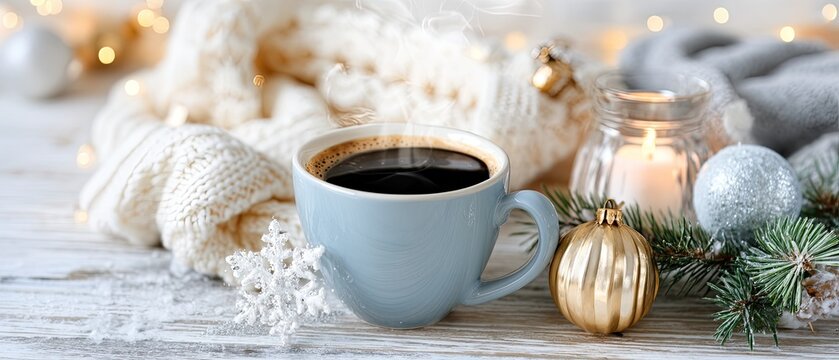 A warm beverage sits on a wooden surface surrounded by soft blankets, pinecones, and festive lights, creating a cozy winter vibe
