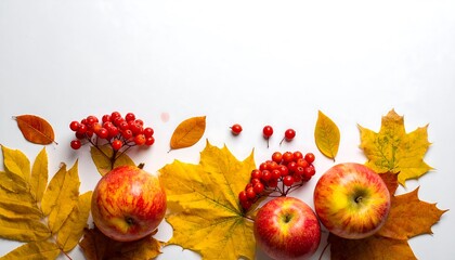 Autumnal Still Life with Apples, Berries, and Maple Leaves.
