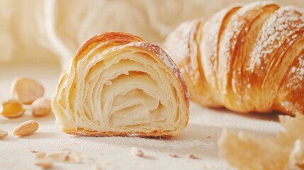 A close-up shot of a freshly baked croissant, golden and flaky, set against a soft beige background