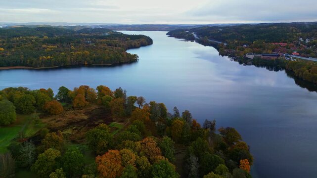 Expansive Autumn Drone Lake View near Naas and Alings&aring;s, Sweden