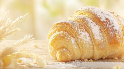 A close-up shot of a freshly baked croissant, golden and flaky, set against a soft beige background
