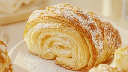 A close-up shot of a freshly baked croissant, golden and flaky, set against a soft beige background
