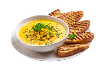 Corn soup with toast bread in plate for appetizer isolated on transparent background.