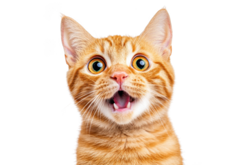Surprised orange tabby cat face with open mouth isolated on transparent background