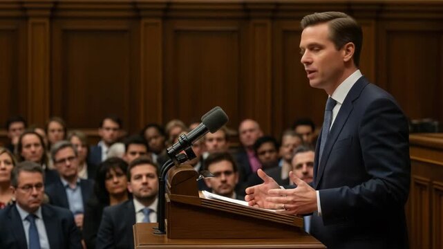 Politician speaking in parliament assembly discussion video 4k resolution