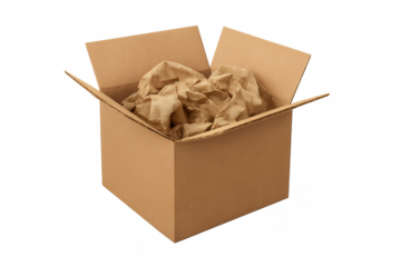 Open cardboard shipping box filled with crumpled brown packing paper, ready for delivery or moving, transparent background