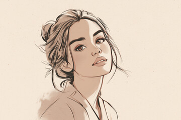 Stylish sketch of a young woman with soft features and an elegant hairstyle on a light background
