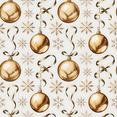 Elegant seamless pattern of golden christmas baubles and snowflakes on a light background