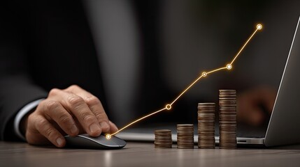 A person's hand uses a mouse to navigate a laptop, while stacks of coins rise beside a data trend line, indicating financial improvement