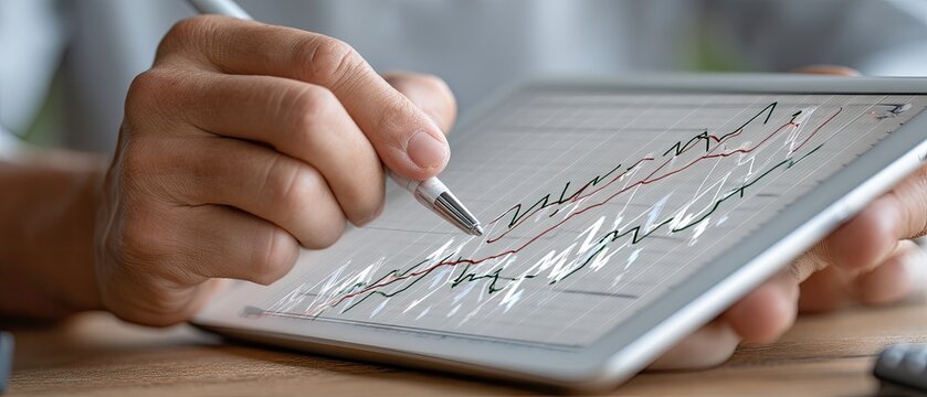 A person's hand uses a mouse to navigate a laptop, while stacks of coins rise beside a data trend line, indicating financial improvement