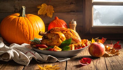Thanksgiving Feast - Roasted Chicken, Pumpkins, and Autumnal Decor.