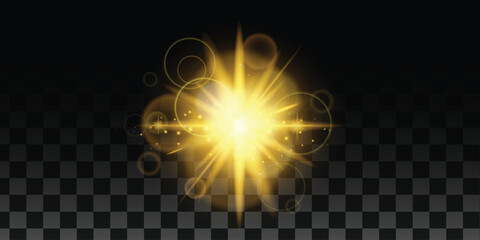Bright gold laser light beams create a glowing starburst effect against a dark background, Glow light effect, Starburst with sparkles, Golden glowing lights effects