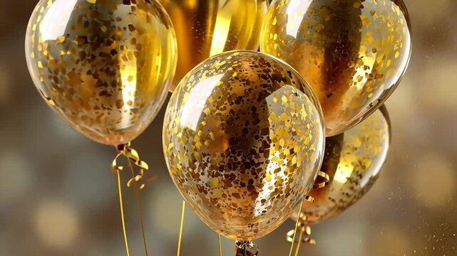 Elegant golden balloons float in a festive atmosphere filled with sparkling decorations, creating a celebratory mood perfect for events and parties