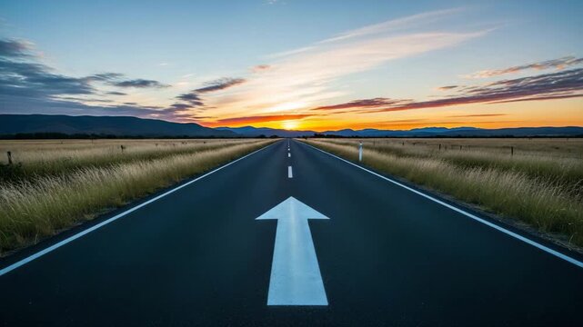 Road stretching towards sunset with directional arrow video 4k resolution