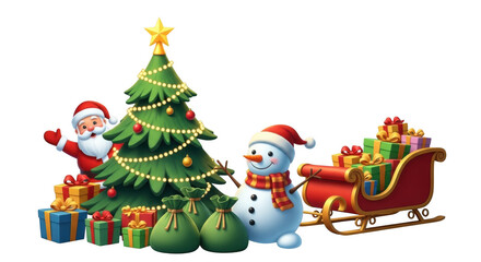 Christmas scene with santa claus snowman and gifts isolated on transparent background