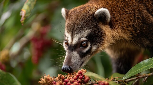 Close up of a coati eating berries in a tree with green leaves and blurred background in the rainforest