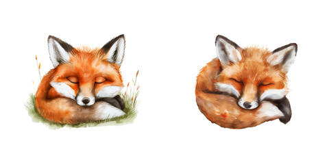 sleeping fox watercolor vector illustration
