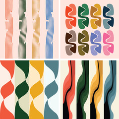 Abstract mid century modern geometric patterns in warm and cool color palettes