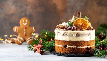 Festive Christmas Cake with Gingerbread Man and Holiday Decorations.