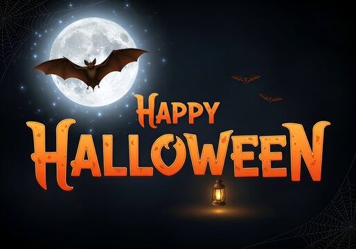Happy halloween greeting with full moon and flying bats