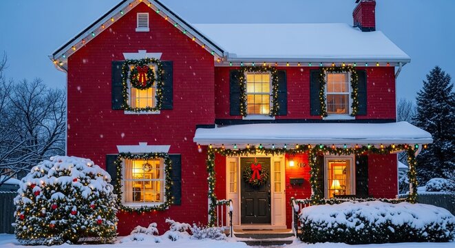 Cozy Red House Decorated for Winter Holidays