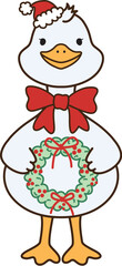 Happy goose or duck standing and holding christmas wreath with editable stroke thickness.Vector illustration.