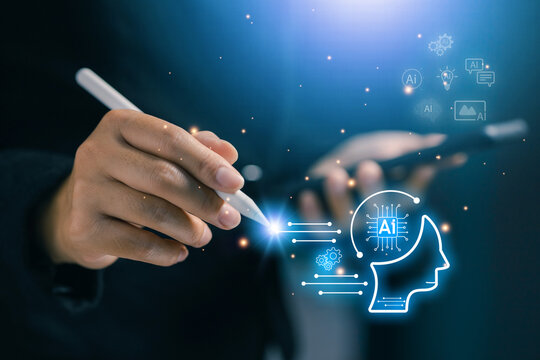 Artificial intelligence innovation concept. Businesswoman using digital pen on smartphone with AI icon and glowing data connection. Symbol of future technology, innovation, and automation.