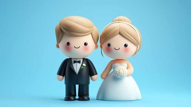 Cute wedding couple icon blue background 3D cartoon style, pastel color bride and groom with smiling faces and joyful romance, kawaii minimal design with clean backdrop, soft light, and cute bouquet
