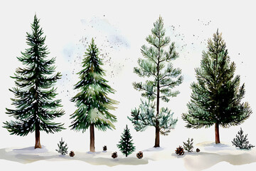 Watercolor painting of various evergreen trees in a snowy landscape