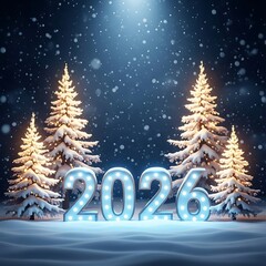Glowing 2026 numbers in snowy winter forest with christmas trees