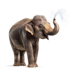 Fototapeta premium A happy elephant spraying water from its trunk, a joyful display of nature's wonder. This adorable creature captivates with its playful expression.