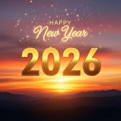 Golden new year 2026 greeting with sunset background